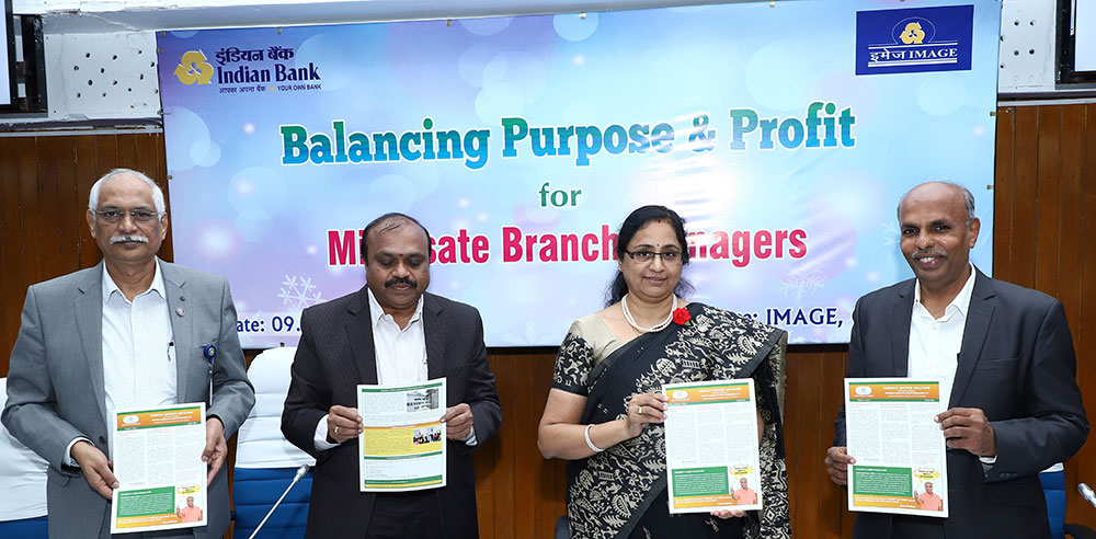 <p>Mrs.Padmaja Chunduru, MD & CEO of Indian Bank is seen releasing the “Purpose Centred Inclusion Newsletter” at the IMAGE. Dr.N.Jeyaseelan, CEO, Virutcham Academy, Mr.M.Nagarajan, GM and Mr.V.Udayakumar, Principal look on.</p>
