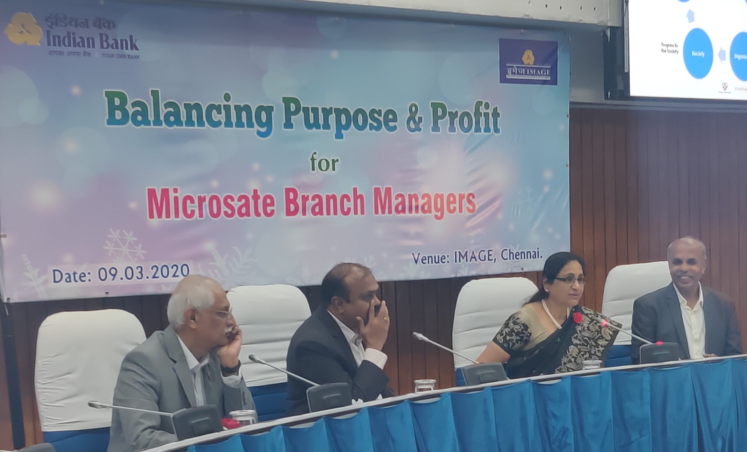 <p>Mrs.Padmaja Chunduru, MD & CEO of Indian Bank is seen addressing the trainees. Dr.Jeyaseelan, CEO, Virutcham Academy, Mr.Nagarajan, GM of Indian Bank look on.</p>
