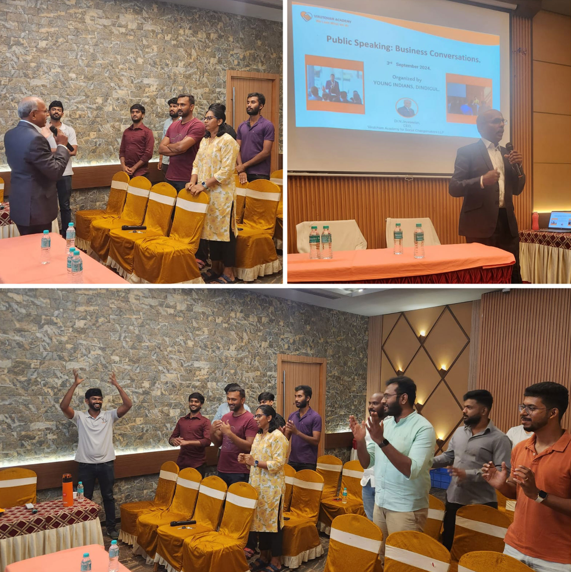 <h3>Dr.Jey delivered a session on “Public Speaking – Business conversations” at Young Indians forum, Dindigul.</h3>
